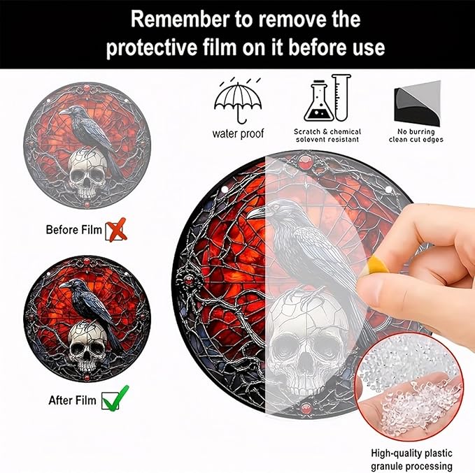 Halloween Sun Catchers Indoor Window Raven Skull Goth Window Decoration Black Goth Acrylic Decoration Black Red with Chain for Home Garden Housewarming Ornaments Gifts for Women Friend Party 7.87 Inch