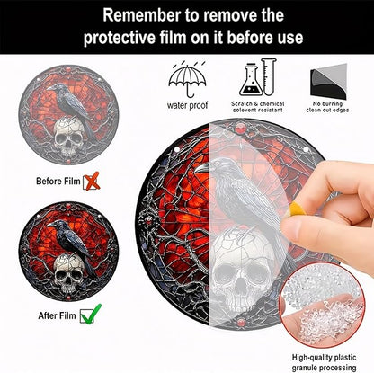 Halloween Sun Catchers Indoor Window Raven Skull Goth Window Decoration Black Goth Acrylic Decoration Black Red with Chain for Home Garden Housewarming Ornaments Gifts for Women Friend Party 7.87 Inch