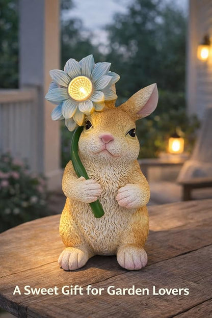 GoGnome Solar Rabbit Garden Statue with LED Flower – Hand-Painted Resin Bunny Figurine, Outdoor Solar Light Decor for Yard, Patio, Porch, Lawn (Rabbit)