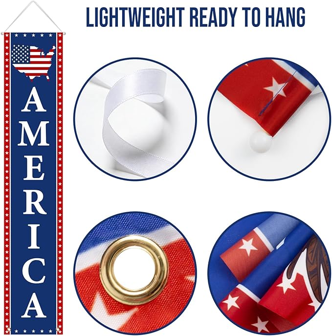 4th of July Decorations - Fourth of July Decorations - Patriotic Porch Signs Banners for Front Door - 2 Pack Hanging Flags for Independence Day 1776-2026 250th US Birthday Indoor Outdoor Decor
