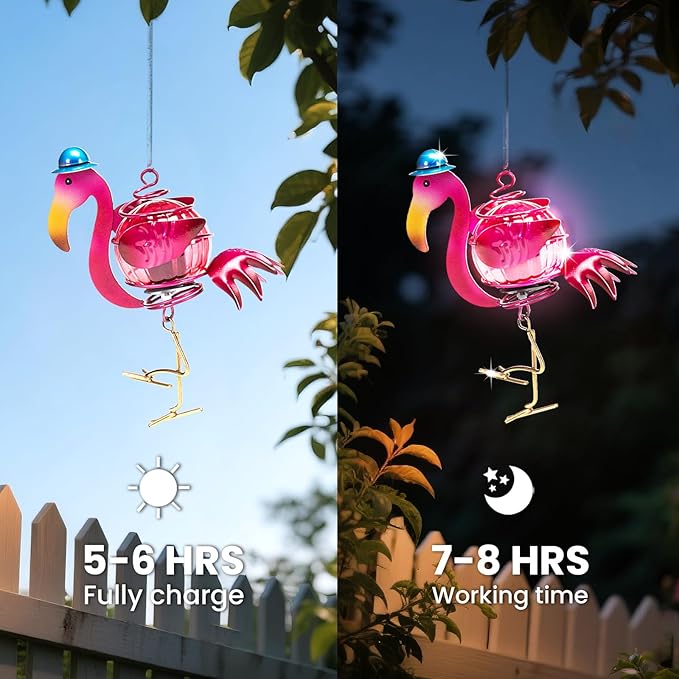 Solar Hanging Flamingo Lights LED Waterproof Powered Outdoor Garden Decor Light Unique Decorations for Sister Birthday Gardening Gifts for Mom Women Backyard Front Porch Balcony Yard Path