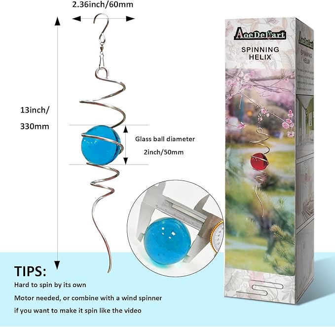 Aoedelyart Gazing Ball Spiral Decorative Wind Spinner Tail with Blue Glass Orb,Wind Spinner Spiral Stabilizer,Hanging Visual Illusion in Spinning Yard Art Decor,Indoor Outdoor Garden Decoration-13 in