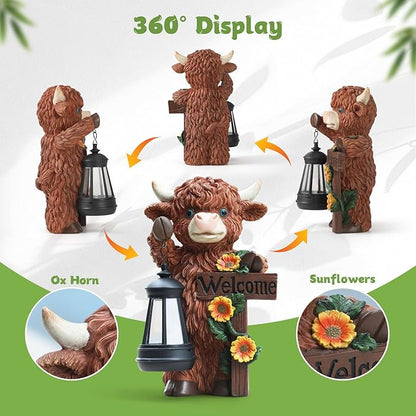 Solar Highland Cow Garden Decoration - Outdoor Waterproof Resin Statues with LED Lantern Lights, Solar Patio Figurines for Yard & Lawn (1-Pack, Auto On/Off), Decor for Inside&Outdoor