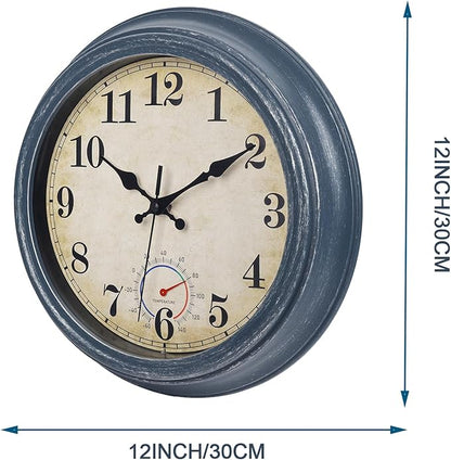 Outdoor Clocks Waterproof with Thermometer Rustic Coastal Wall Clock Decor for Patio Pool Garden(12 Inch,Blue)