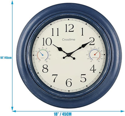 Crosstime 18 Inch Large Outdoor Wall Clock Waterproof with Thermometer & Hygrometer Combo – Vintage Farmhouse Weather Station for Patio, Pool, Garden, Backyard – Blue