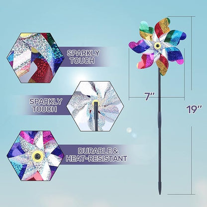 BATTIFE Reflective Pinwheels for Yard and Garden, Pre-Installed Sparkly Blind Birds Pin Wheel, Scare Birds & Animal Away Wind Spinner, 10 Pack (Colorful)