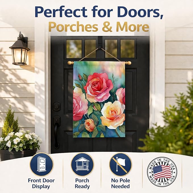 Caroline's Treasures Oklahoma Roses in Watercolor House Flag Large Porch Sleeve Pole Decorative Outside Yard Banner Artwork Wall Hanging, Polyester, House Size, Multicolor