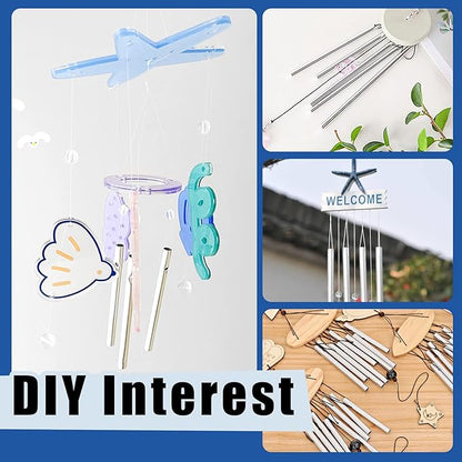 Glarks 61Pcs Wind Chime Kit Including 50Pcs 11.5cm 10cm 9cm 8cm 7cm Wind Chime Tubes and 10Pack Swivel Hooks Clips with 100m Thread Wire for Home Garden Outdoor Hanging Decorations