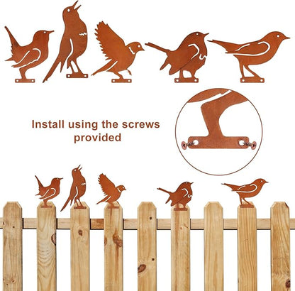 5PCS Metal Birds Fence Decoration, Outdoor Rusty Birds Garden Sculptures and Yard Art, Craft Statue Ornaments Rustic Farmhouse Garden Decor (Style 1)
