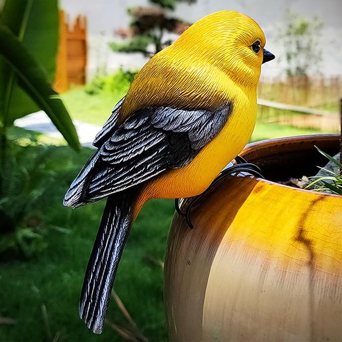 Resin Bird Statue for Garden Decorations, 6.7inch Mini Bird Figurine Plant Pot Decorations for Outdoor Indoor Decoration at Lawn and Yard (Yellow)