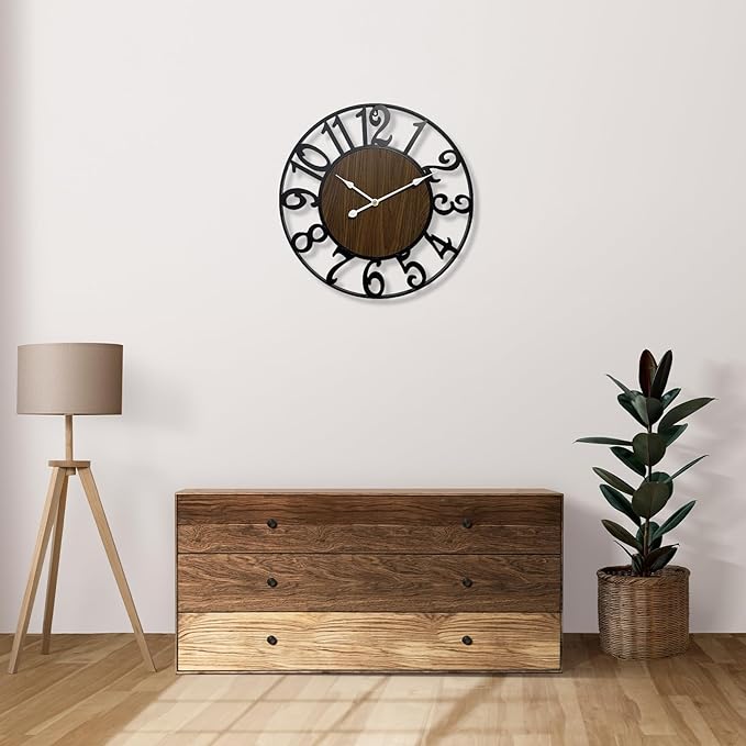 Large Outdoor Clock for Patio - 24 Inch Silent Non-Ticking Outdoor Wall Clock for Garden, Porch, Pool Area - Vintage Farmhouse Wooden & Black Metal Decorative Clock for Living Room, Kitchen