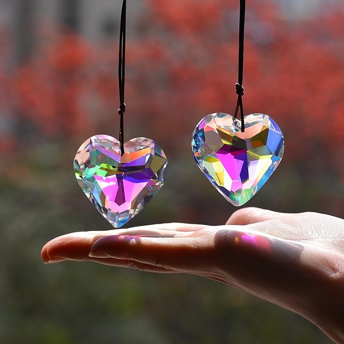 2PCS Simple Geometry Crystal Sun Catcher Prisms, stino Hanging Suncatchers with Glass Prism, Rainbow Maker for Windows, Balcony, Kitchen, Garden Decoration (1, Heart ABColor 2Pcs)