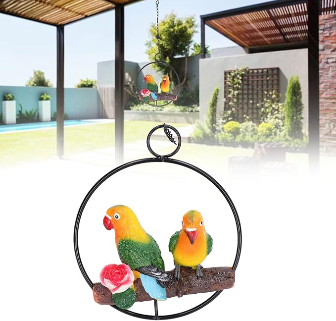 Hanging Parrot Sculpture, Hanging Garden Statue with Iron Ring, Hand Painted 3D Bird Decor for Patio Lawn Courtyard and Sunroom, Weather Resin Parrot Model