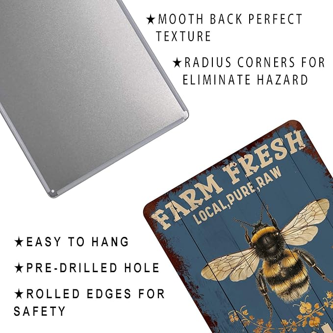 snowsun Metal Signs Farm Fresh Local Pure Raw Honey Funny Tin Sign Vintage Aluminum Sign Wall Decor for Living Room Bedroom Garden Yard Bar Cafe 8×12 Inches