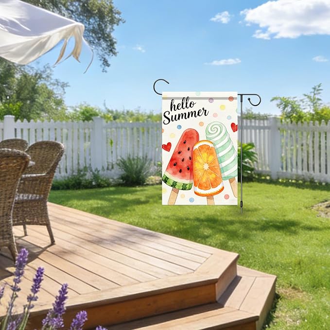 Nuxovilar Summer Garden Flag Hello Summer Popsicle Watermelon Orange Pattern Polyester 12x18 Inches Garden Flags for Outside Colorful Decor Yard Porch Lawn
