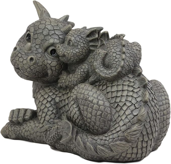 Ebros Whimsical Piggyback Dragon Family Statue 10.25" Long Faux Stone Resin Finish Mother and Baby Animated Dragons Welcome Guest Greeter Decor Figurine
