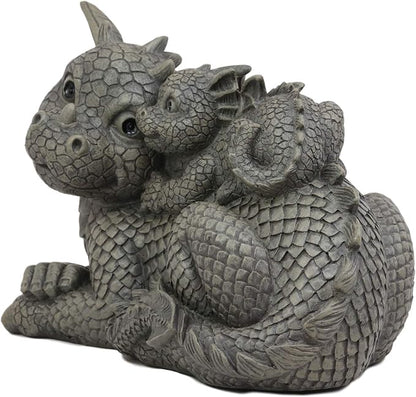 Ebros Whimsical Piggyback Dragon Family Statue 10.25" Long Faux Stone Resin Finish Mother and Baby Animated Dragons Welcome Guest Greeter Decor Figurine