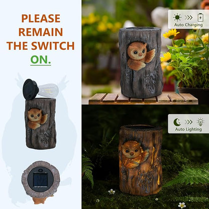 Landoraloria Solar Powered Tree Stump Owl Garden Statue with Light, Brown Resin, Waterproof Outdoor Decorative Lamp (Owl)