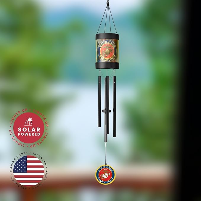 Red Carpet Studios Windchimes Metal Military LED Solar Lantern Wind Chime, 30" Long, United States Marines