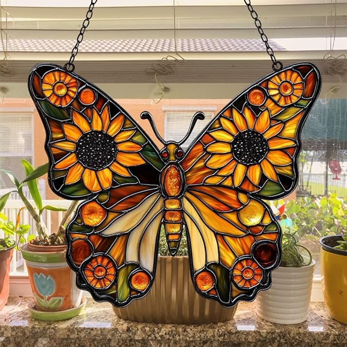 Sunflower Monarch Butterfly Acrylic Suncatcher Stained Glass Effect Window Car Hanging Christmas Ornament Indoor Outdoor Decor Garden Sun Catcher Panel for Butterfly Lover for Women Mom Grandma