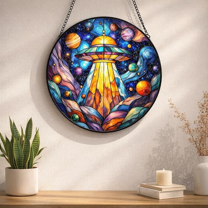 UFO Stained Glass Suncather for Window Hanging, 6.3'' Cosmic Alien Spaceship Ornament Gift for Women, Galaxy Wall Art Home Decor Gift for Sci-Fi Lovers & Dreamer (Blue Galaxy, 6.3'')