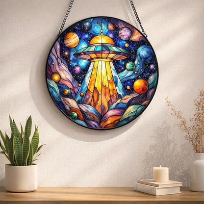 UFO Stained Glass Suncather for Window Hanging, 6.3'' Cosmic Alien Spaceship Ornament Gift for Women, Galaxy Wall Art Home Decor Gift for Sci-Fi Lovers & Dreamer (Blue Galaxy, 6.3'')