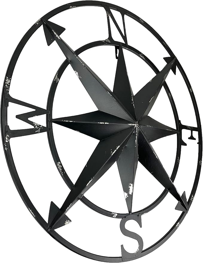 Zeckos Distressed Metal Nautical Compass Rose Wall Décor - Rustic 20-Inch Diameter Hanging Art with Vintage Black Enamel Finish - Perfect for Indoor and Outdoor Display