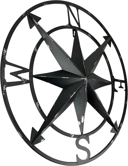 Zeckos Distressed Metal Nautical Compass Rose Wall Décor - Rustic 20-Inch Diameter Hanging Art with Vintage Black Enamel Finish - Perfect for Indoor and Outdoor Display