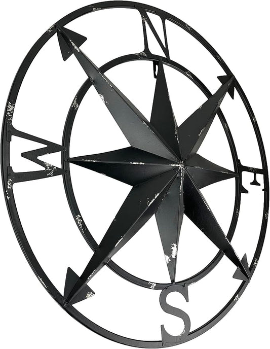 Zeckos Distressed Metal Nautical Compass Rose Wall Décor - Rustic 20-Inch Diameter Hanging Art with Vintage Black Enamel Finish - Perfect for Indoor and Outdoor Display