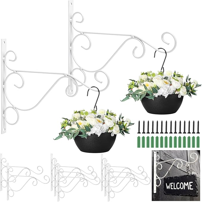 Tandefio 10 Pcs Hanging Plant Brackets 10 Inch Outdoor Wall Mount Metal Plant Hanger Hooks with Screws for Bird Feeder Wind Chime Lanterns Holiday Decoration (White)