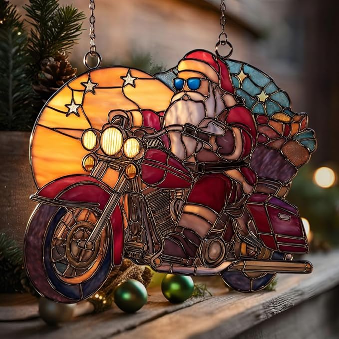 Cool Santa Riding Motorcycle Acrylic Suncatcher Stained Glass Effect Window Car Hanging Christmas Ornament Indoor Outdoor Decor Garden Sun Catcher Panel for Women Mom Grandma