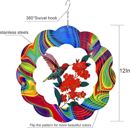 Wind Spinner Colorful Hummingbird 12 inch 3D Stainless Steel Laser Cut Metal Double Sided Printing-Hanging Indoor/Outdoor Decorations Yard Gardening Decor,Metal Kinetic Art Ornament Gifts