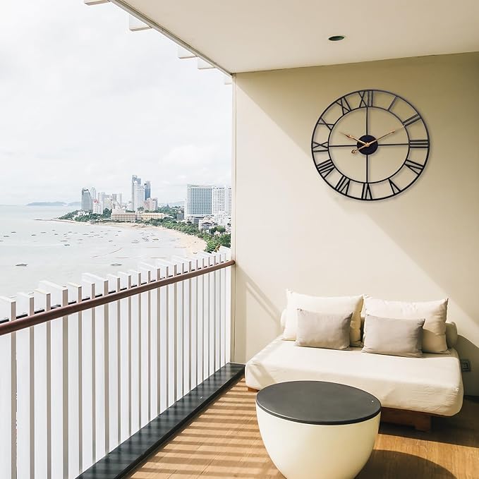 16 Inch Large Outdoor Wall Clock, Black Metal Modern Minimalist Battery Operated Silent Clock for Patio, Pool, Garden, Living Room, Kitchen, Office, Bedroom Decor with Easy to Read Numbers