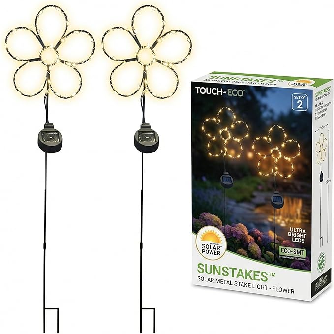 Touch Of ECO Outdoor Solar Powered LED Decorative Garden Stake Light - 2 Pack Warm White Flower Design - Great Decor for Yard, Patio, Lawn, Planter-Makes a Great Gift