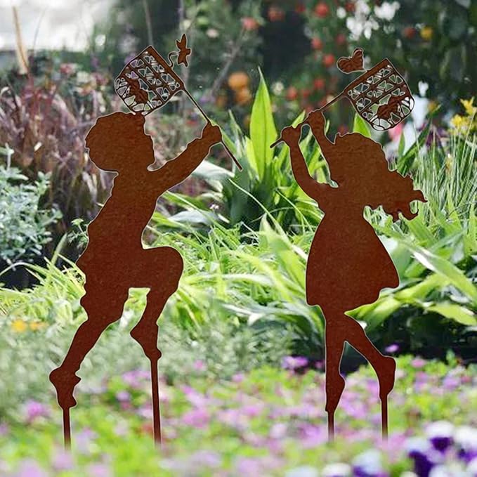 Iron Children Chasing Butterfly Statues Rustic Kids Silhouette Garden Yard Stakes Art Patio Porch Lawn Ornaments (2pcs Boy Girl)