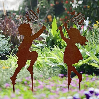 Iron Children Chasing Butterfly Statues Rustic Kids Silhouette Garden Yard Stakes Art Patio Porch Lawn Ornaments (2pcs Boy Girl)