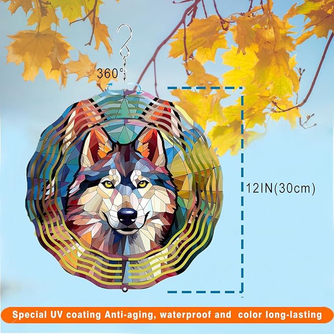 Wind Spinner Wolf 12 Inch Large Stainless Steel 3D Kinetic Wind Sculptures Hanging for Fall Halloween Outdoor Yard Patio Garden Decorations