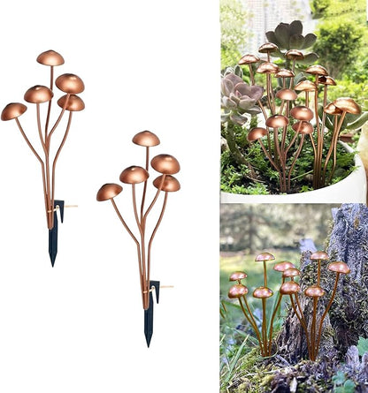 6.5" Metal Mushroom Garden Statue Decor (2-Pack) - Rust-Proof Iron Mushroom Stakes for Outdoor Lawn, Yard, & Patio - Flower Pot Ornament, Creative Gift for Garden Lovers (Stakes & Straps)