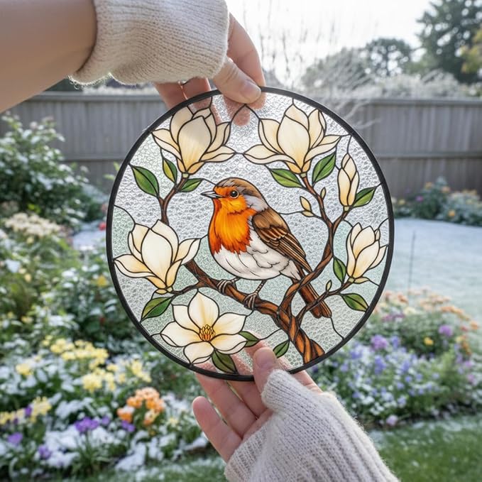 Robin Stained Glass Suncatcher Window Hanging, Bird Ornament Decor for Window, Robin Ornament for Women, Nature Lovers Gift Idea, Bird Suncatcher Stained Glass, Nature Decor for Home