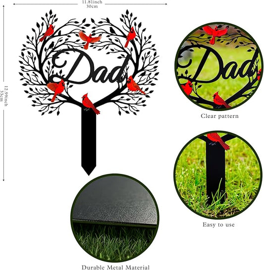 Memorial Grave Stake for Dad with Tree of Life and Cardinals - Metal Sympathy Grave Marker, Rust-Resistant Cemetery Garden Decoration(DAD)