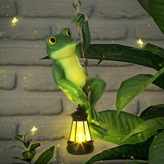Kathfly Solar Light Hanging Frog Figurine with LED Lantern 7.48 Inch Waterproof Resin Cute Frog Climbing on Vine with Hook for Yard Garden Wall Decor Mother's Day Housewarming Gift
