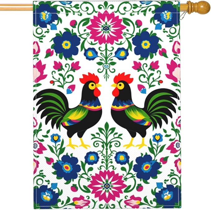 Mugod Rooster House Flag 28 x 40 Vertical Double Sided, Polish Floral Folk Art Colorful Flowers Leaves Farmhouse Holiday Outside Decorations Large Burlap Yard Flag