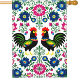 Mugod Rooster House Flag 28 x 40 Vertical Double Sided, Polish Floral Folk Art Colorful Flowers Leaves Farmhouse Holiday Outside Decorations Large Burlap Yard Flag