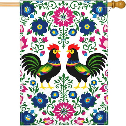 Mugod Rooster House Flag 28 x 40 Vertical Double Sided, Polish Floral Folk Art Colorful Flowers Leaves Farmhouse Holiday Outside Decorations Large Burlap Yard Flag