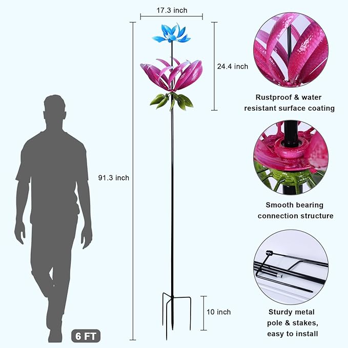 hogardeck Large Wind Spinner Outdoor, 91.3" Metal Flowers Wind Spinner with Heavy-Duty Stakes, 360° Rotating Triple-Layer Kinetic Yard Art for Home Outside Garden Lawn Backyard Patio Decor