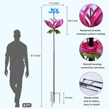 hogardeck Large Wind Spinner Outdoor, 91.3" Metal Flowers Wind Spinner with Heavy-Duty Stakes, 360° Rotating Triple-Layer Kinetic Yard Art for Home Outside Garden Lawn Backyard Patio Decor