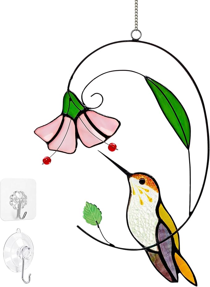 Handmade Tiffany Copper Foil Stained Glass Hummingbird Suncatcher - 8 Inch Real Glass Window Hanging with Flowers, Bird Safe Gift for Grandma, Mother, Women & Bird Lovers, Includes Suction Hooks