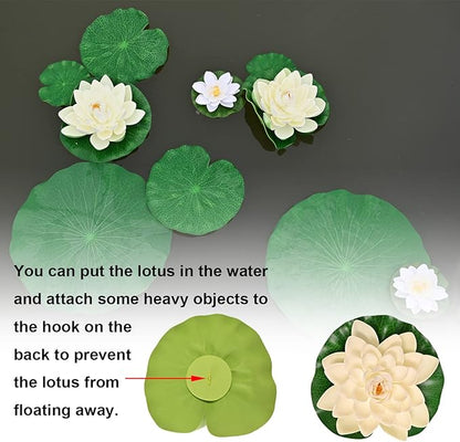 Fake Lily Pads, 10 PCS Artificial Lotus with Water Lily Pad, Realistic Water Floating Foam Lotuses Lily Pads, Artificial Floating Lotus Decor with Lily Pad for Home Outdoor Ponds