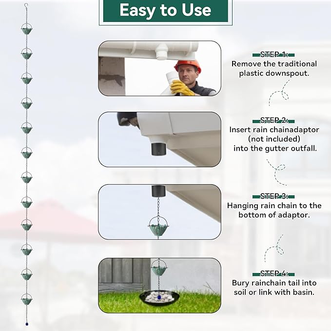 Rain Chains for Outside, 8.7FT Gutter Chain with 12 Lotus Cups Rain Catcher Chain Replacement Downspout for Gutters Eaves Drainage Decor, Bronze
