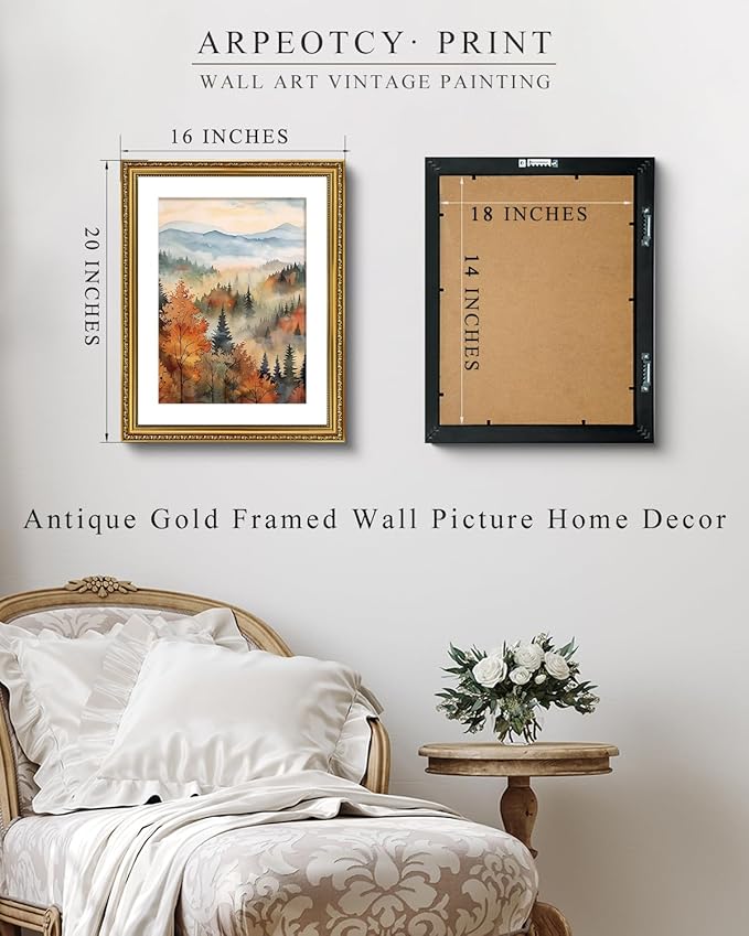 ARPEOTCY Vintage Gold Framed Large Wall Art, Classical Fall Forest Autumn Landscape Paintings, Canvas Prints Artwork with Antique Frame, Victorian Wall Picture Decor for Living Room, 16x20 inch